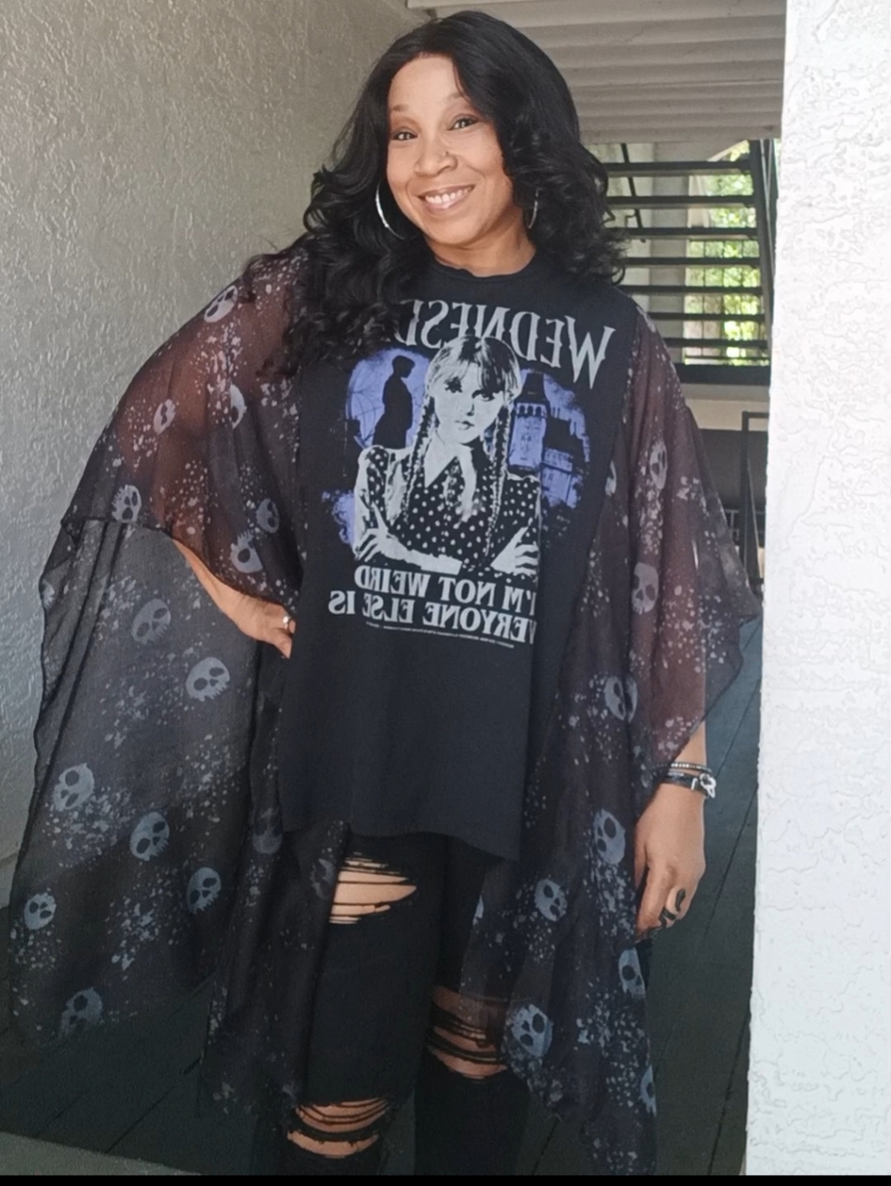 Upcycled Wednesday Graphic Tshirt Poncho - Picture 6 of 12